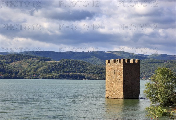 Wallachia, view of the Danube landscape, two towers, remains of the medieval fortress Trikule near