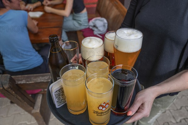 Waitress brings drinks to a table in a beer garden, Bavaria, Germany, Europe