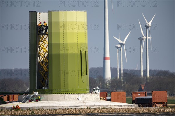 Construction of a wind turbine, Enercon steel pillar, near Kerken, Kleve district, Lower Rhine,