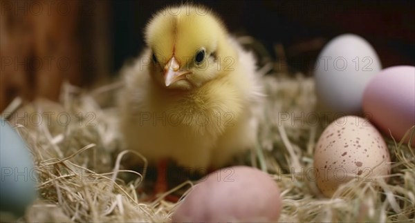 Cute newborn chick next to colorful easter eggs, generative AI, AI generated