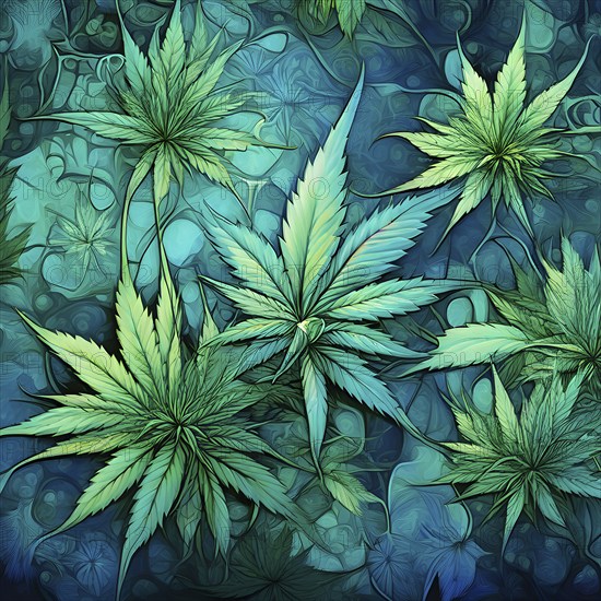 Abstract wallpaper highlighting stylized cannabis leaves in vibrant green and golden colors, AI