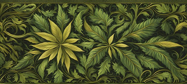 Abstract wallpaper highlighting stylized cannabis leaves in vibrant green and golden colors, AI
