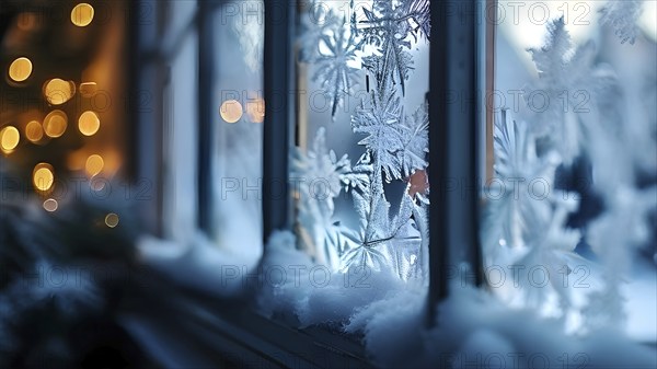 Snow-covered window with frost patterns, candlelight softly glowing through the glass, and warm,