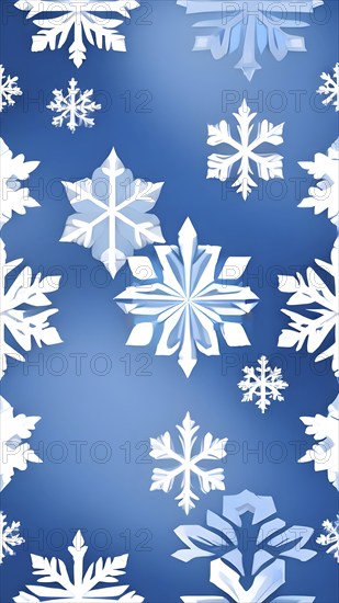 Abstract pattern of snowflakes in varying sizes and shapes in soft white and blue gradients, AI