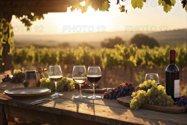 AI generated wine tasting table setup with wine and vine grapes nestled subtly amidst a thriving