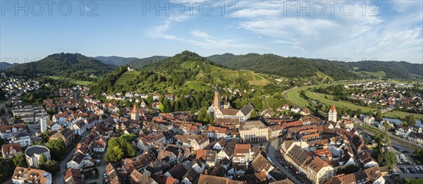 The old town centre of Gengenbach, on the right the river Kinzig, aerial view, panorama,