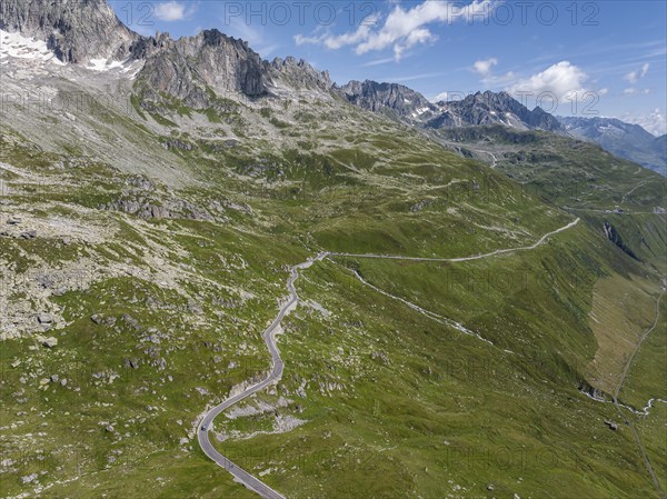 Landscape at the Furka Pass, drone photo. Alpine pass between the canton of Uri and the canton of