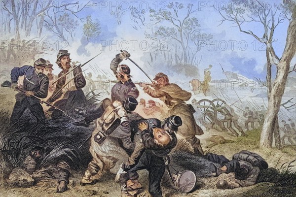 Death of Colonel Edward D. Baker at the Battle of Balls Bluff, Virginia, 1861, Baker was an