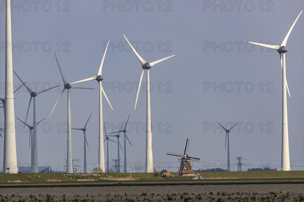 Westereems and Growind wind farms, over 80 wind turbines in total, at the Eemshaven seaport,