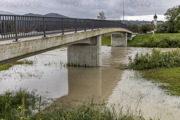 Flood at a bridge and a river, storm on 26.8.23 near Benediktbeuern, Loisach near Schlehdorf,