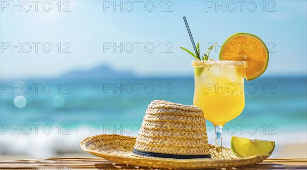 Straw hat and cocktail on a beach. A concept of relaxing caribbean vacation near the ocean, AI