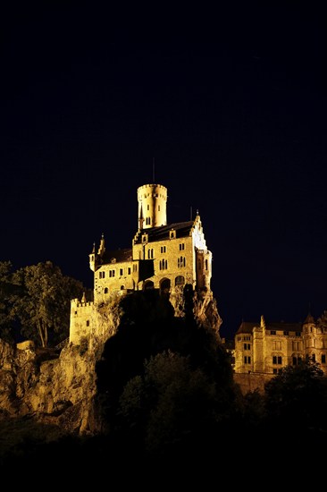 Lichtenstein Castle, night shot, artificial light, fairytale castle of Württemberg, illuminated,