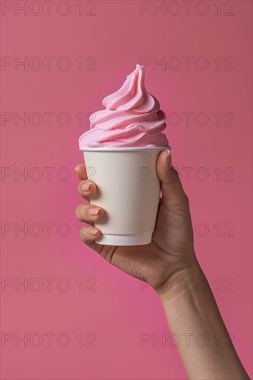Hand holding pink ice cream in cup. KI generiert, generiert, AI generated