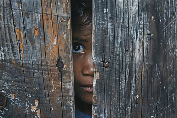 Close up of girl child peeking through hole in wooden wall. KI generiert, generiert, AI generated