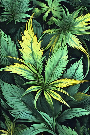 Abstract wallpaper highlighting stylized cannabis leaves in vibrant green and golden colors, AI