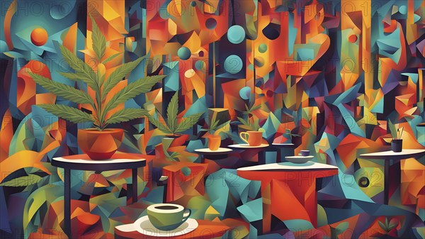 Abstract composition of a cannabis cafe with ambiance bold contrasting colors and playful shapes,