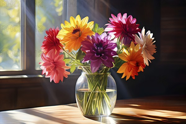 Transparent crystal glass vase with vibrant blooming flowers, AI generated