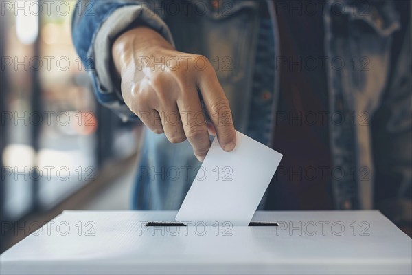 Ballot paper being put in box by man during election. Generative AI, AI generated