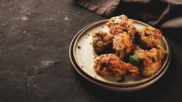Fried chicken legs, breaded, with spices and herbs, on a dark background, horizontal, no people,