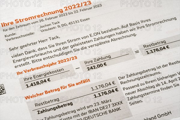 Symbolic image of electricity bill, billing of an electricity provider, additional payment due to