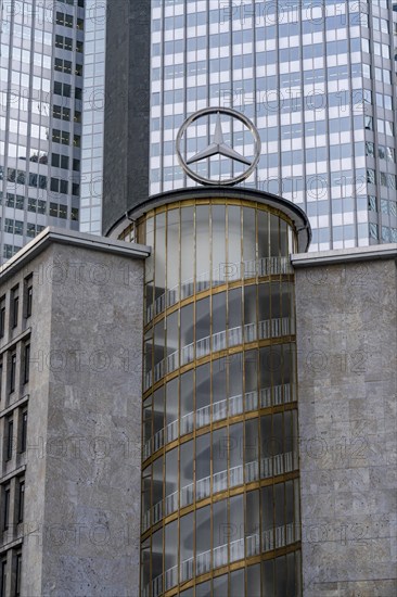 The junior house on Kaiserplatz, Mercedes Benz star, spiral staircase, stairwell, Hesse, Germany,