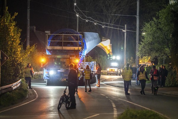 Transport of a 68 metre long, 22 tonne blade of a wind turbine, here in Schwelm, with a