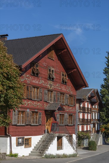 Schwarzenberg, Bregenz district, Bregenzerwald, historic inn from 1765, façade, wooden house,
