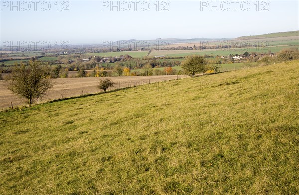 View of the Vale of Pewsey looking west from Woodborough Hill, Wilcot, Wiltshire, England, UK