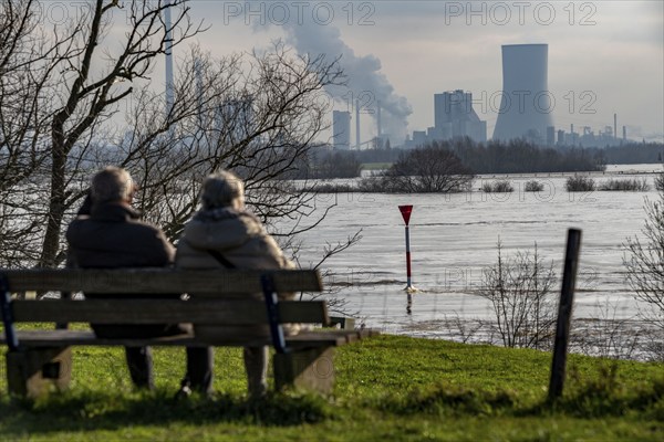 Rhine floods, Rhine dyke near Götterswickerhamm, Walsum power station in Duisburg, Voerde, North