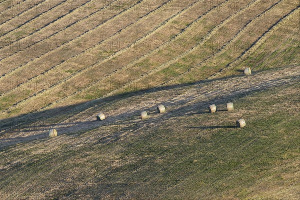 Harvested wheat field with bales of straw, landscape around Pienza, Val d'Orcia, Orcia Valley,