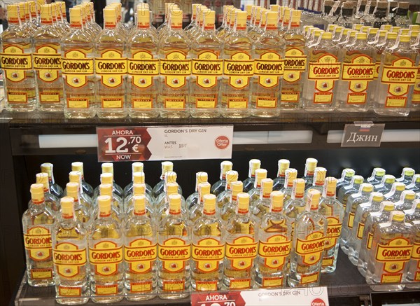 Close up of bottles of Gordon´s gin in the Duty Free shopping lounge in Malaga airport, Spain,
