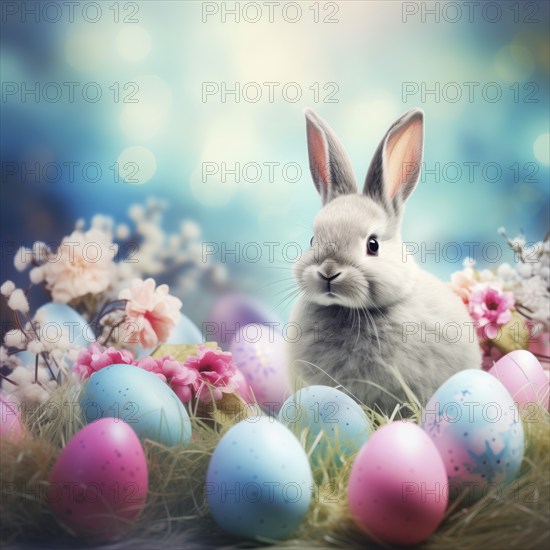 Cute Easter bunny sits beside colorful, decorated eggs amidst a vibrant green field under the