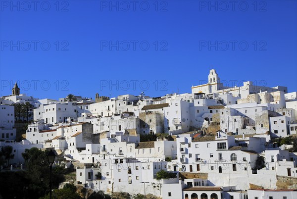 Pueblo blanco historic village whitewashed houses on hillside, Vejer de la Frontera, Cadiz