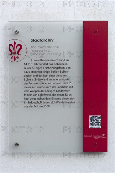 Information board at the town archive, Sulzbach-Rosenberg, Upper Palatinate, Bavaria, Germany,