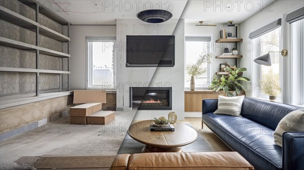 Custom living room upgrade interior before and after construction, generative AI, AI generated
