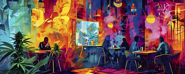 Abstract composition of a cannabis cafe with ambiance bold contrasting colors and playful shapes,