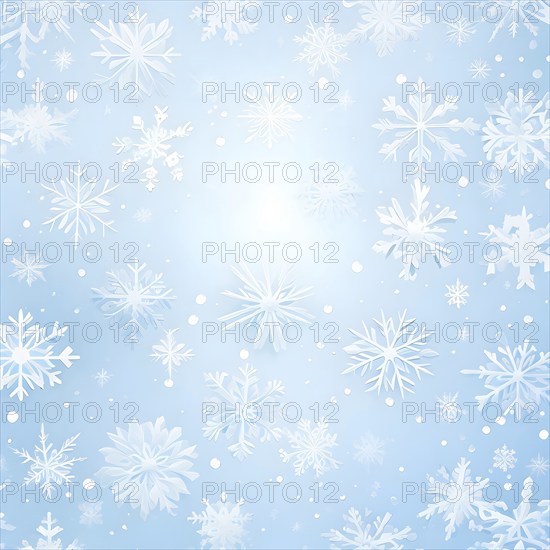 Abstract pattern of snowflakes in varying sizes and shapes in soft white and blue gradients, AI