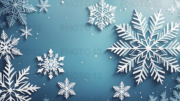 Abstract pattern of snowflakes in varying sizes and shapes in soft white and blue gradients, AI