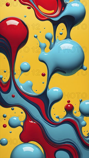 Abstract image with vibrant blue and red blobs and liquid shapes on a yellow background, AI