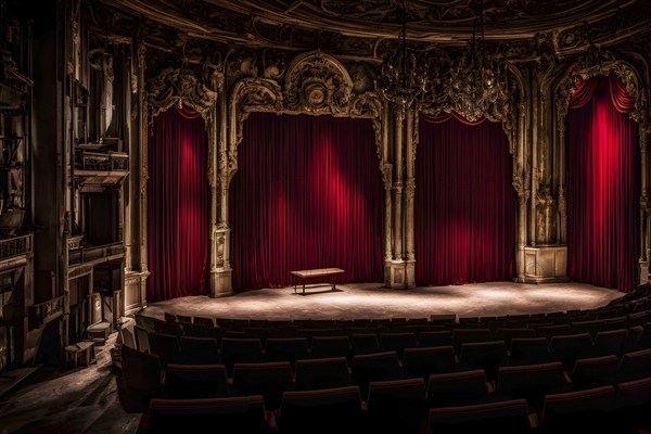 Abandoned theater with tattered seats and an empty stage, AI generated