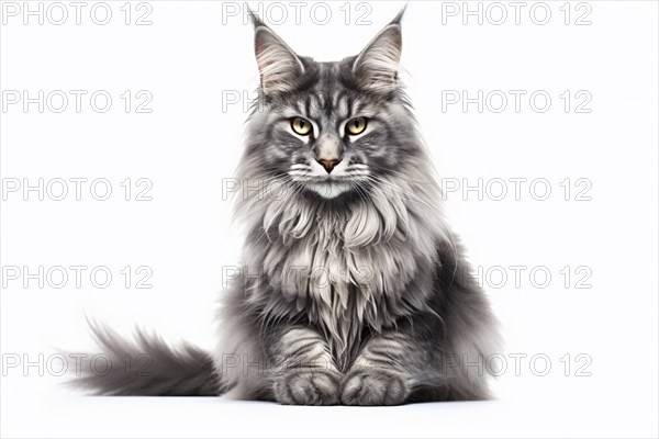 Gray large Main Coon cat on white background. KI generiert, generiert, AI generated