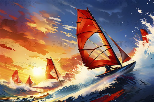 Abstract digital render of olympic sailers morphing into fluid shapes, AI generated, Paris, Paris,