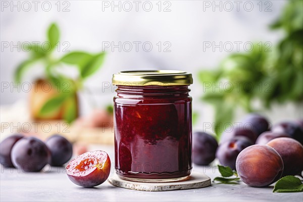 Jar with plum jam or marmelade. KI generiert, generiert, AI generated