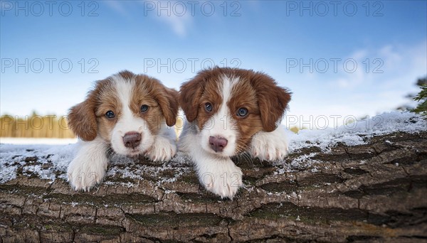 KI generated, dog, dogs, puppy, one, two, three, play, snow, winter, autumn leaves, blue sky,