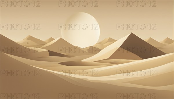 Abstract desert scene with triangular sand dunes and a single circular sun, using sharp lines and