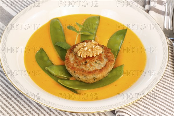Vegetarian cuisine, walnut cakes on sugar snap peas with pumpkin sauce, sauce, vegetables, snow