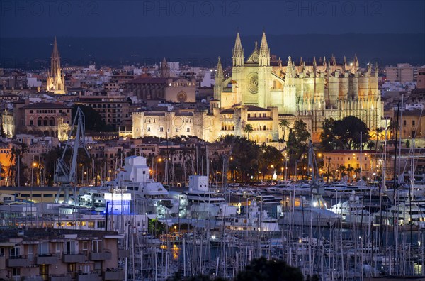 Panorama of Palma de Majorca, Bay of Palma, with the marina and the Cathedral of St Mary, Balearic