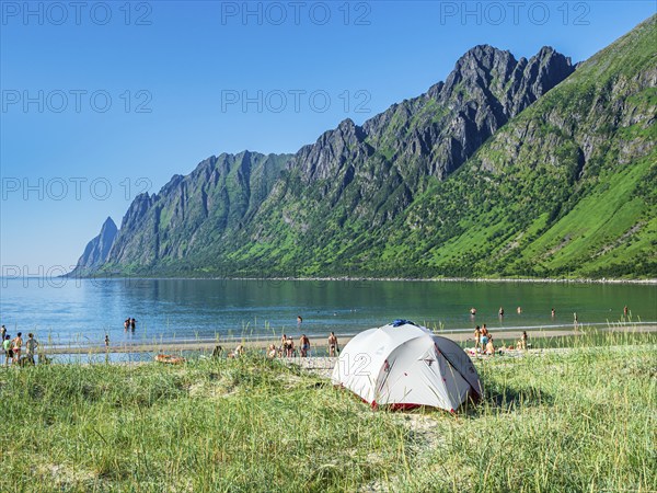 Beach Ersfjordstranden, fjord Ersfjord, public recreation area, tent on the beach, people enjoy the