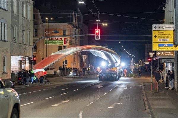Transport of a 68 metre long, 22 tonne blade of a wind turbine, here in Schwelm, with a