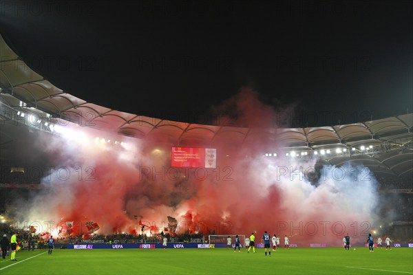 Bengalos, pyrotechnics, pyro, fireworks, Cannstatter Kurve, fan block, atmospheric, threatening,